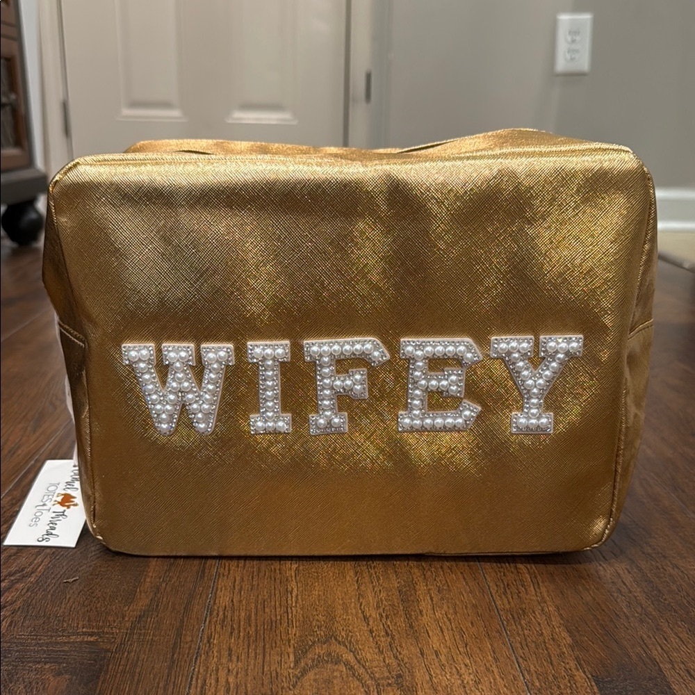 NWT Large Wifey Gold Makeup Cosmetic Bag